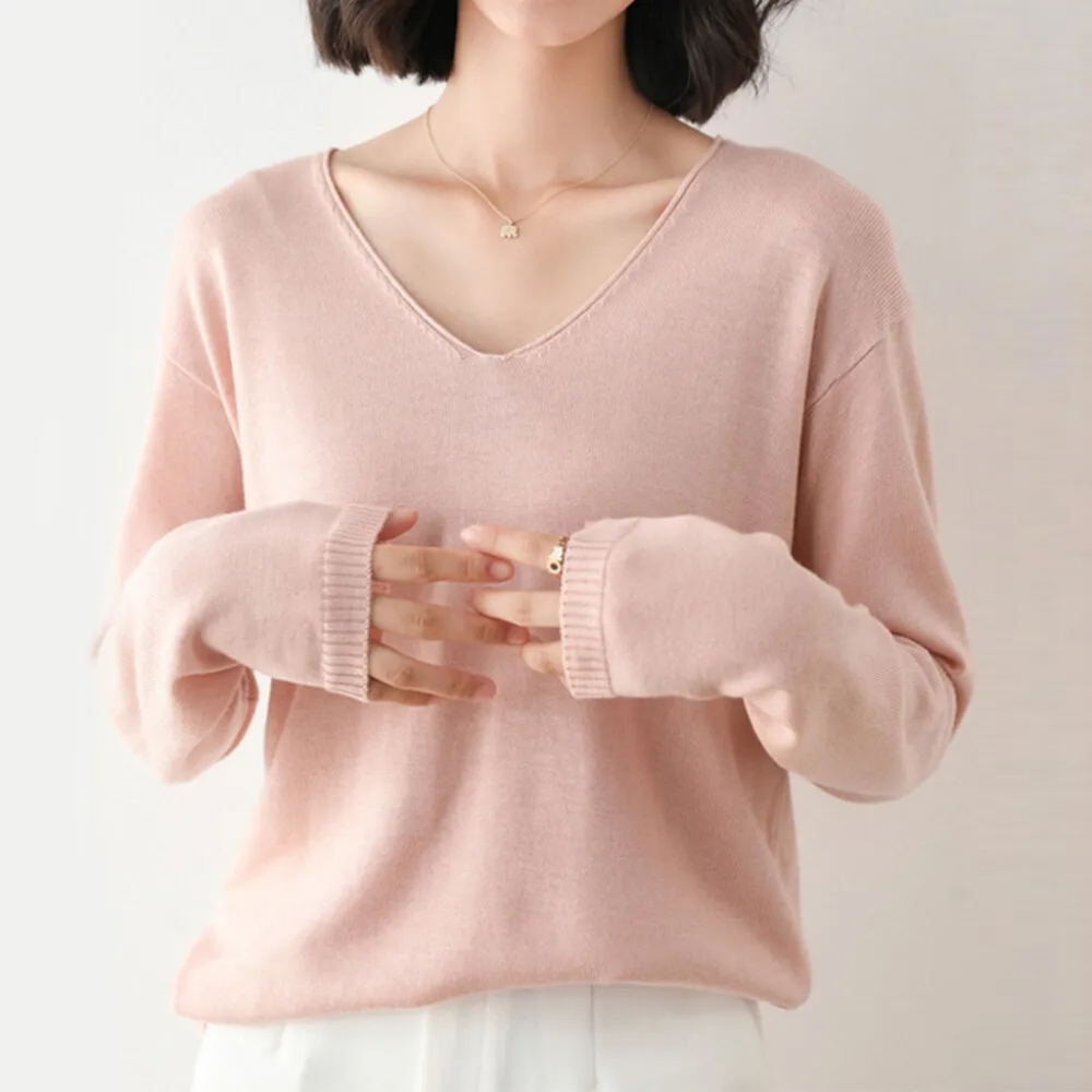 MOD Lusive Women's V-neck  Sweater Knitted Pullover Solid Pink Med NWT